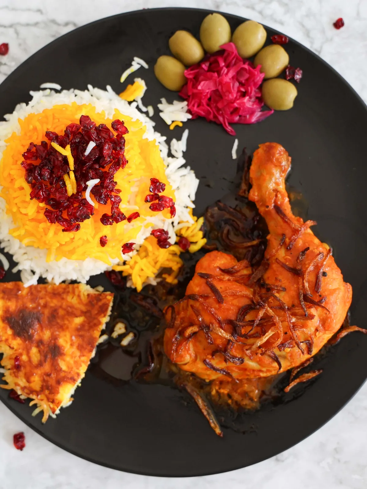Zereshk Polo ba Morgh (Saffron Chicken with Barberry Rice)